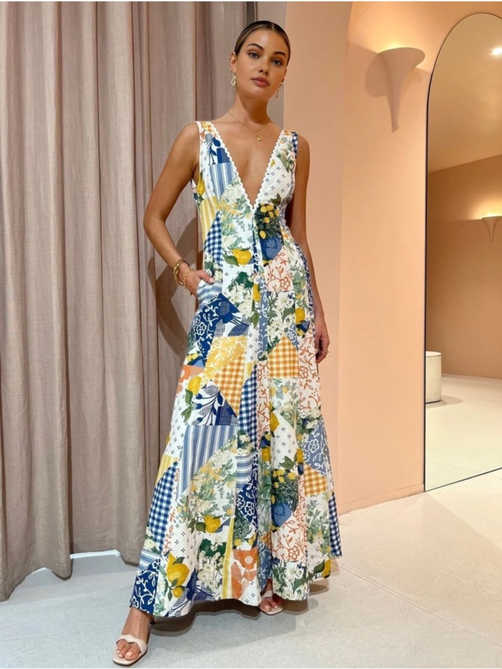 Patchwork Floral V-Neck Maxi Dress in Blue & Yellow